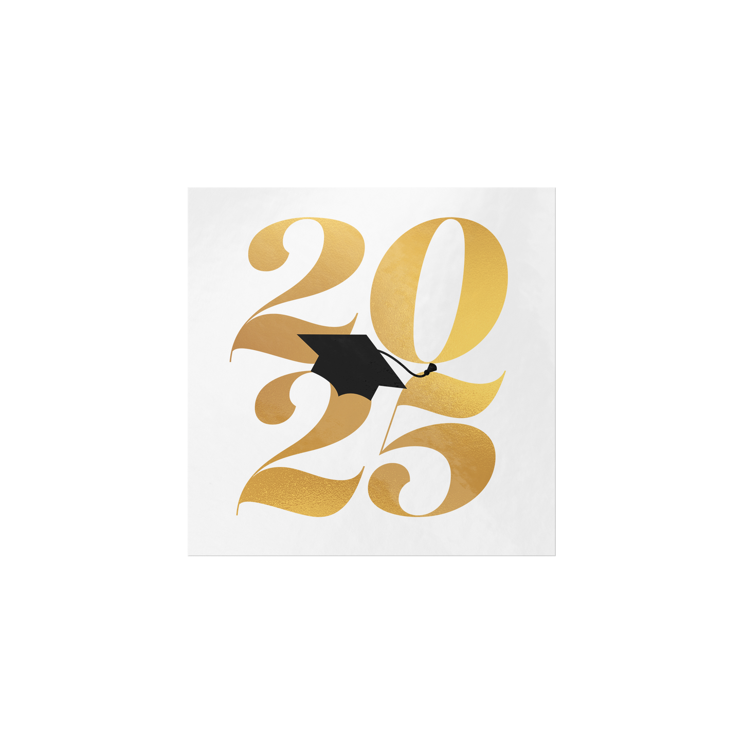 White square sticker with 2025 in gold and a black graduation cap placed in the middle laying flat.