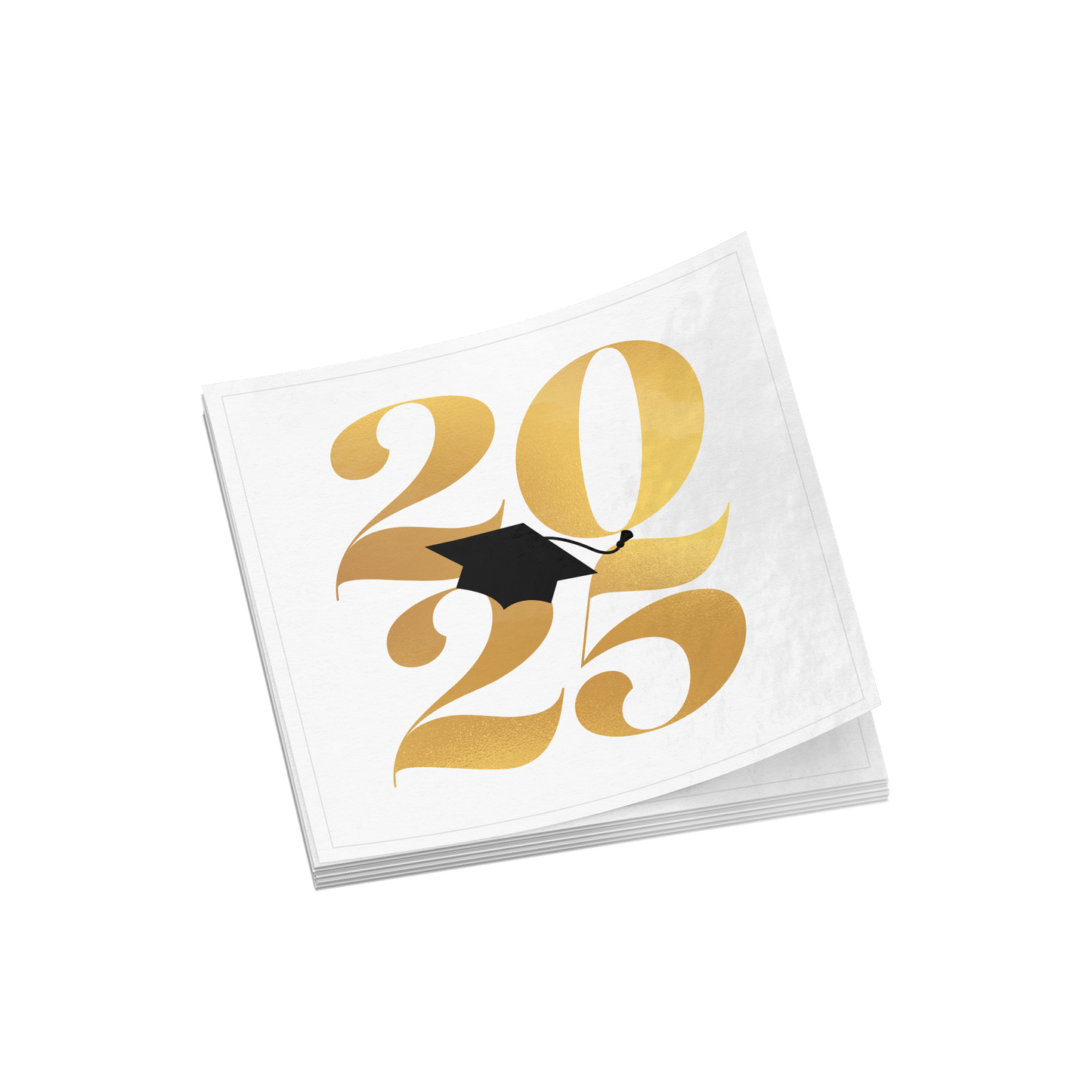 Stack of multiple white square stickers with 2025 in gold and a black graduation cap placed in the middle.