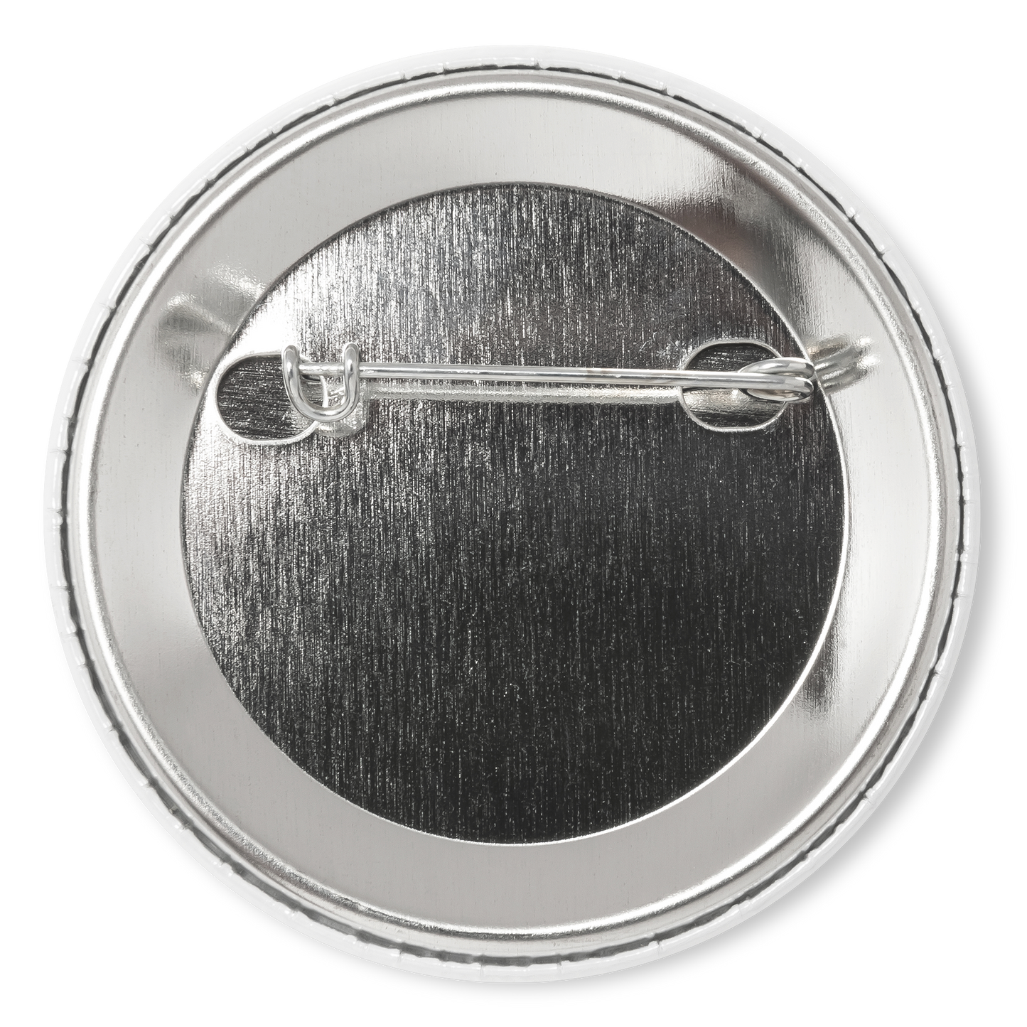 Silver back of a circular button pin.