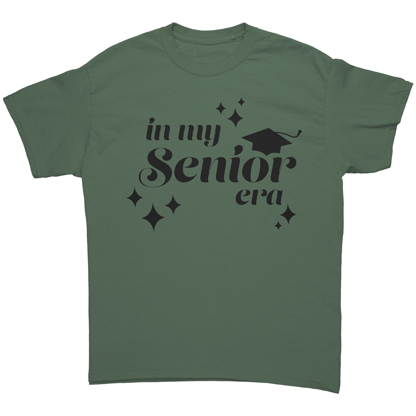 Military green t-shirt with the phrase “In My Senior Era” printed on the front in black ink, along with a black graduation cap and stars.