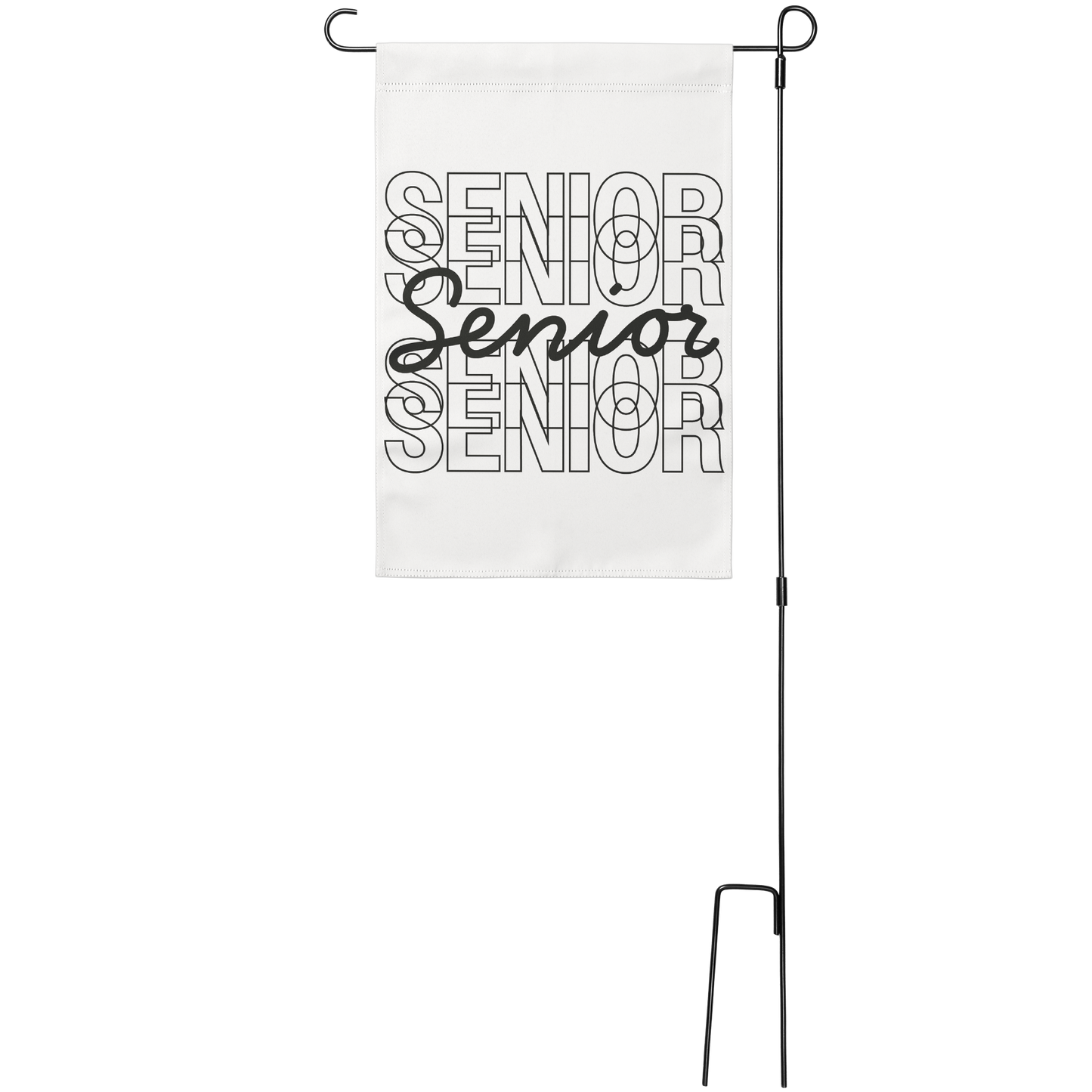 White garden flag with Senior repeated 5 times in black, stacked on top of each other, with the middle one in script text. Sign hung from a wire stand.