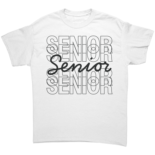 White t-shirt with “Senior” stacked on top of each other four times in a black outlined font with a fifth “Senior” written in a black script font in the middle.