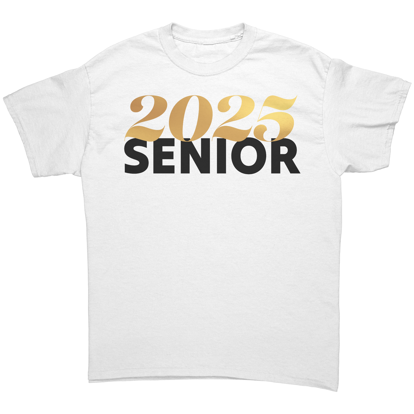White t-shirt with the graphic of 2025 written in gold text and senior written in bold black capital letters across the top of the shirt.