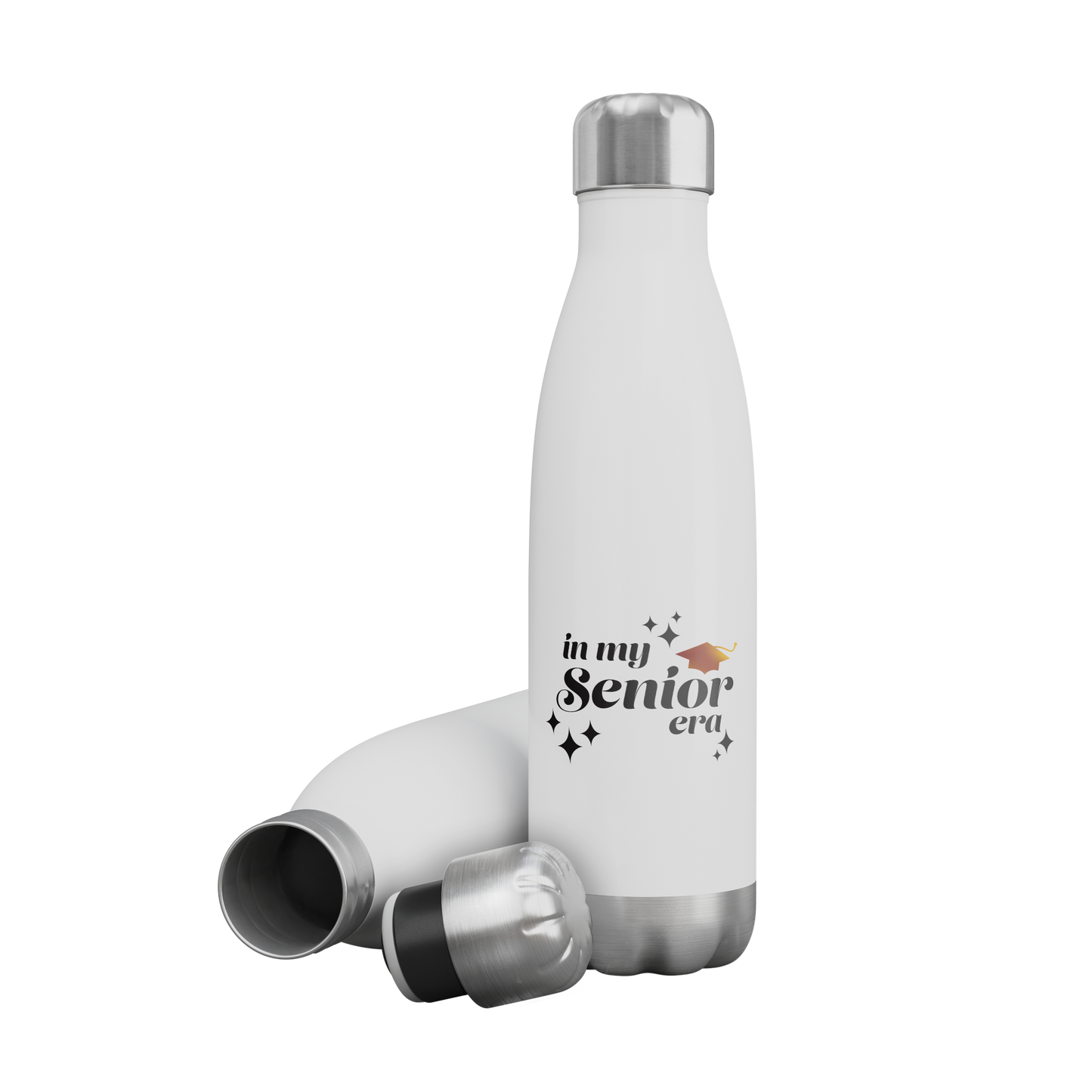 A white, 20oz water bottle with a silver lid and base. Text in the bottom center of the bottle says "In my Senior Era" in black with a gold graduation cap. An open bottle lays on its side next to it with the lid off.