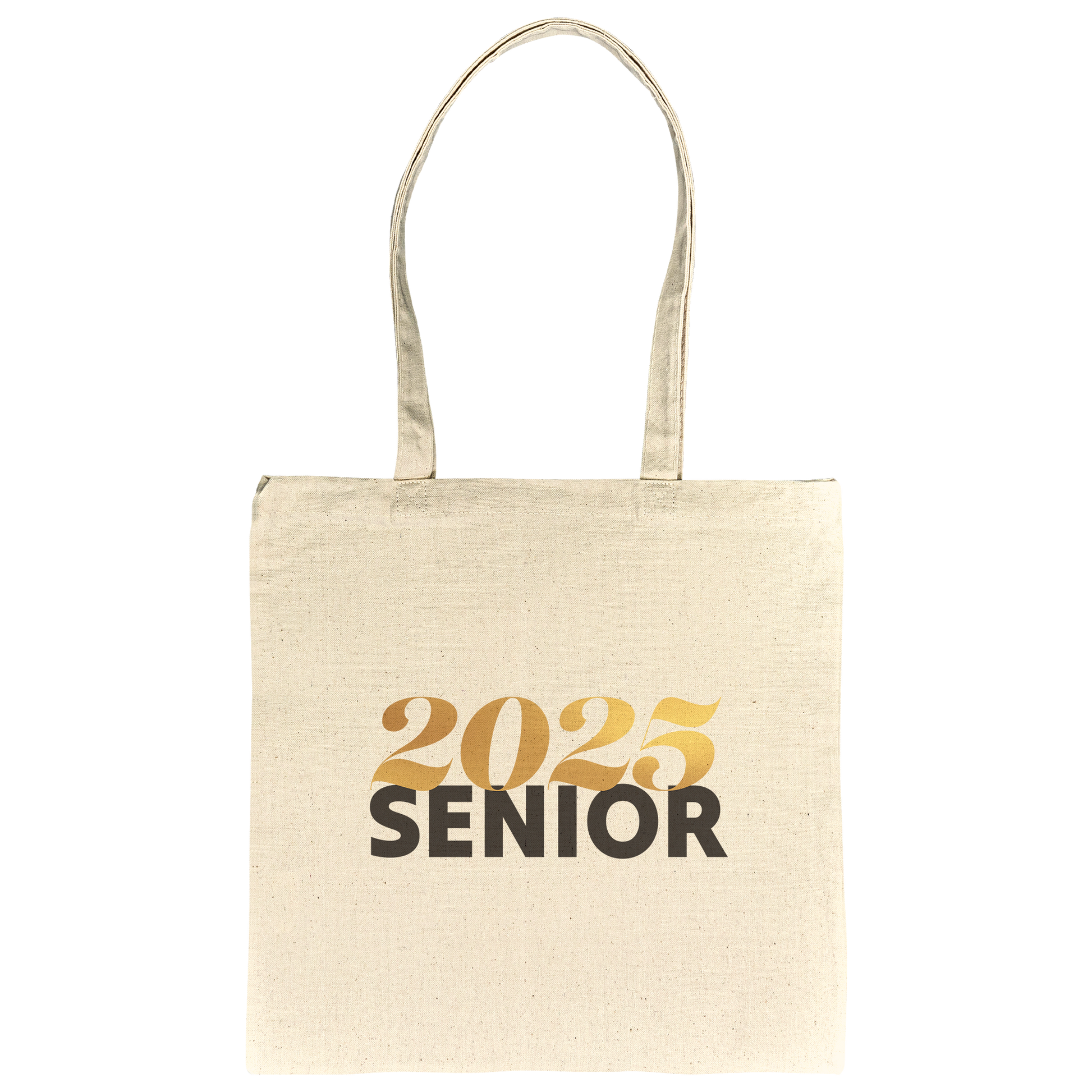 Tan canvas tote bag with 2025 in gold and senior in black laying flat
