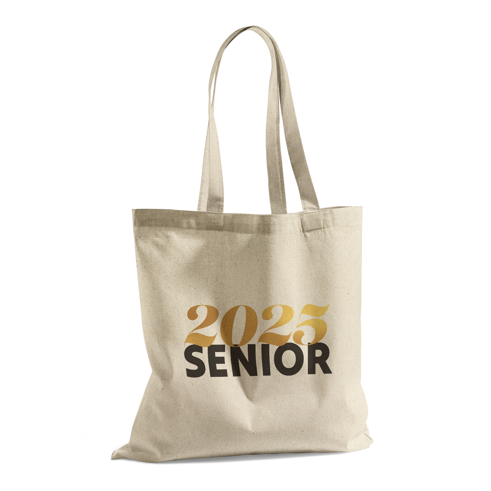 Tan canvas tote bag with 2025 in gold and senior in black