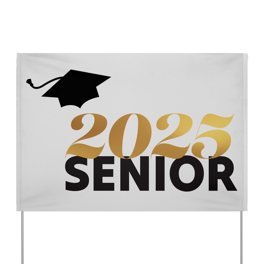 White vinyl yard sign with 2025 in gold, Senior in black text, and a black graduation cap in the top left.