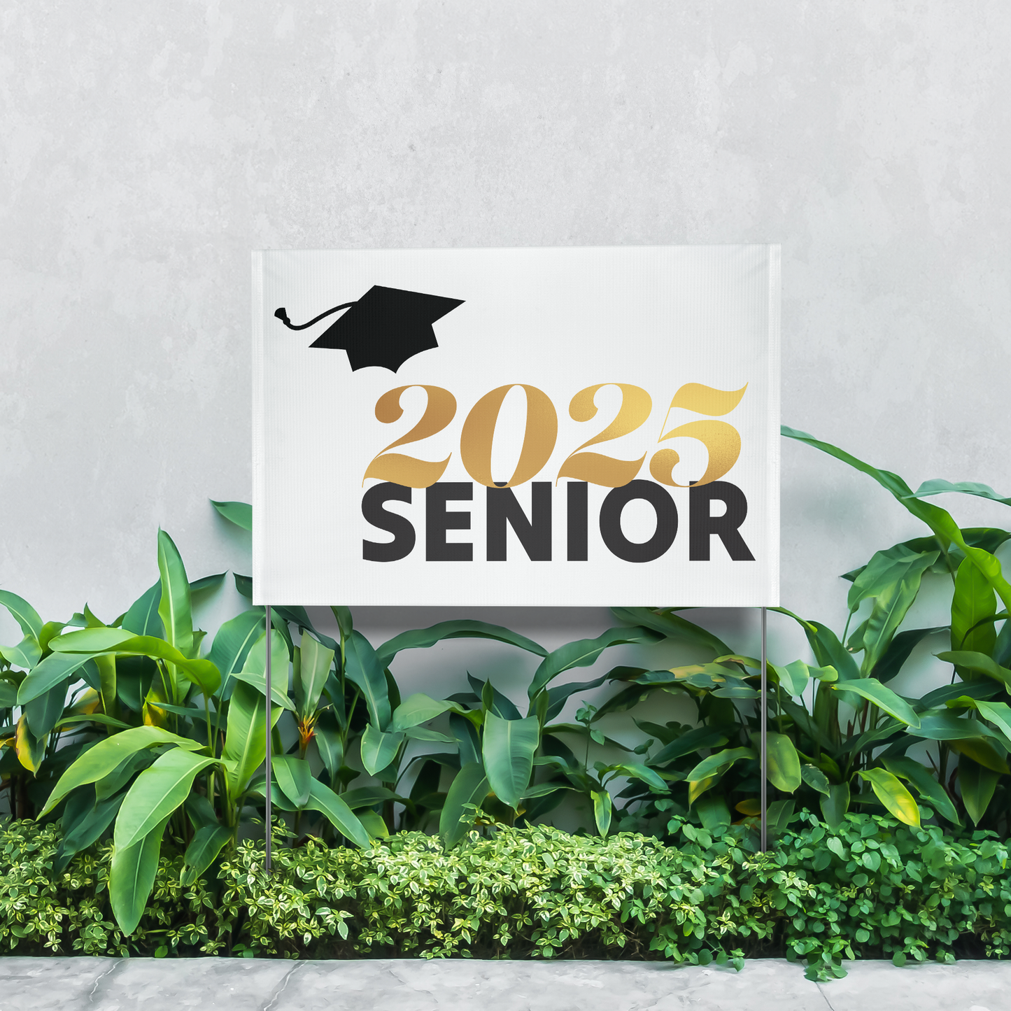 White vinyl yard sign with 2025 in gold, Senior in black text, and a black graduation cap in the top left placed in greenery by a sidewalk.