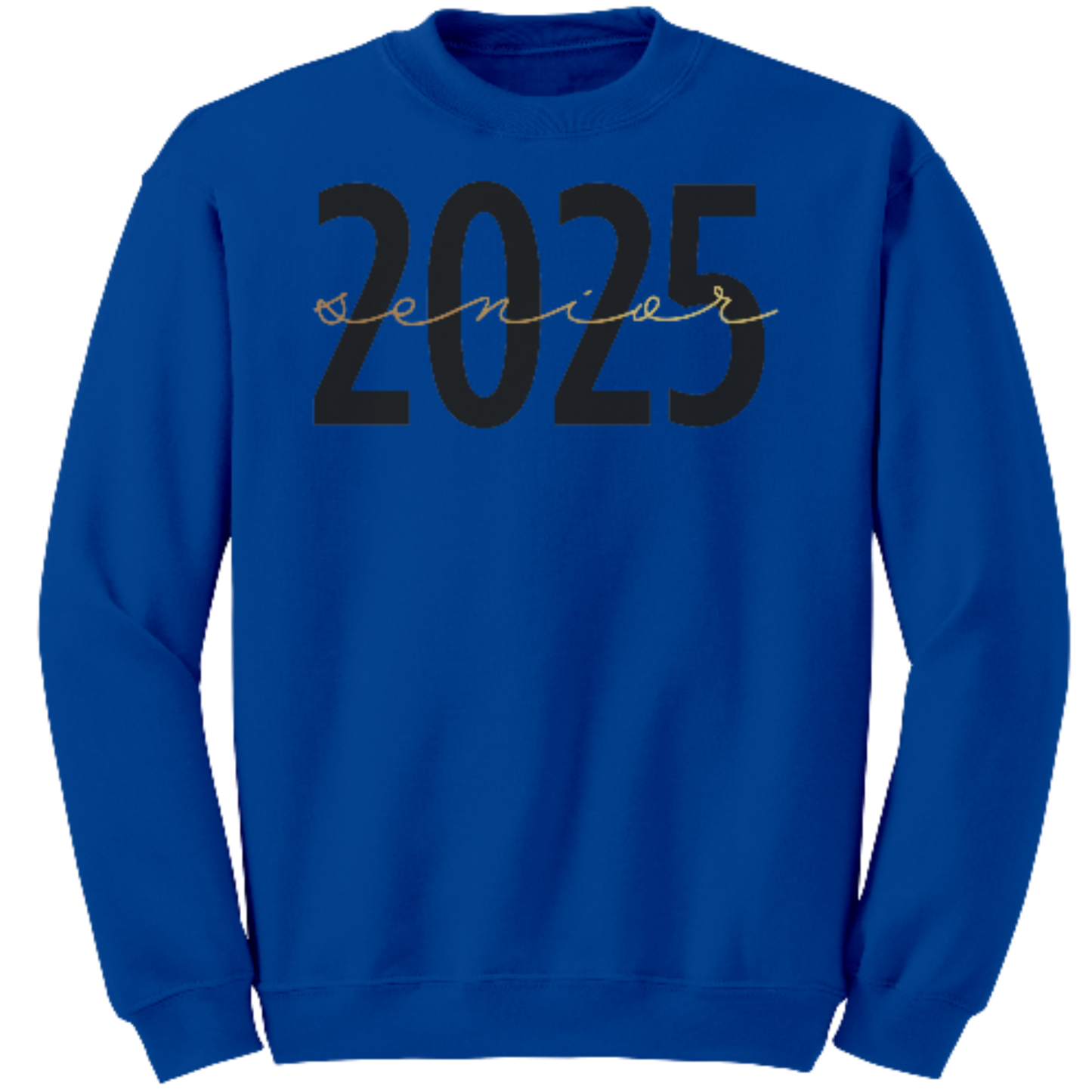 Royal blue 2025 Graduation Crewneck Sweatshirt with 2025 in bold black font and "Senior" written in a gold script across the middle.