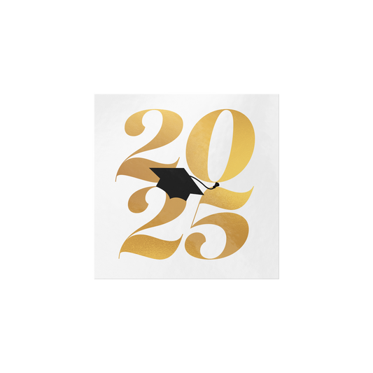 White square sticker with 2025 in gold and a black graduation cap placed in the middle laying flat. 