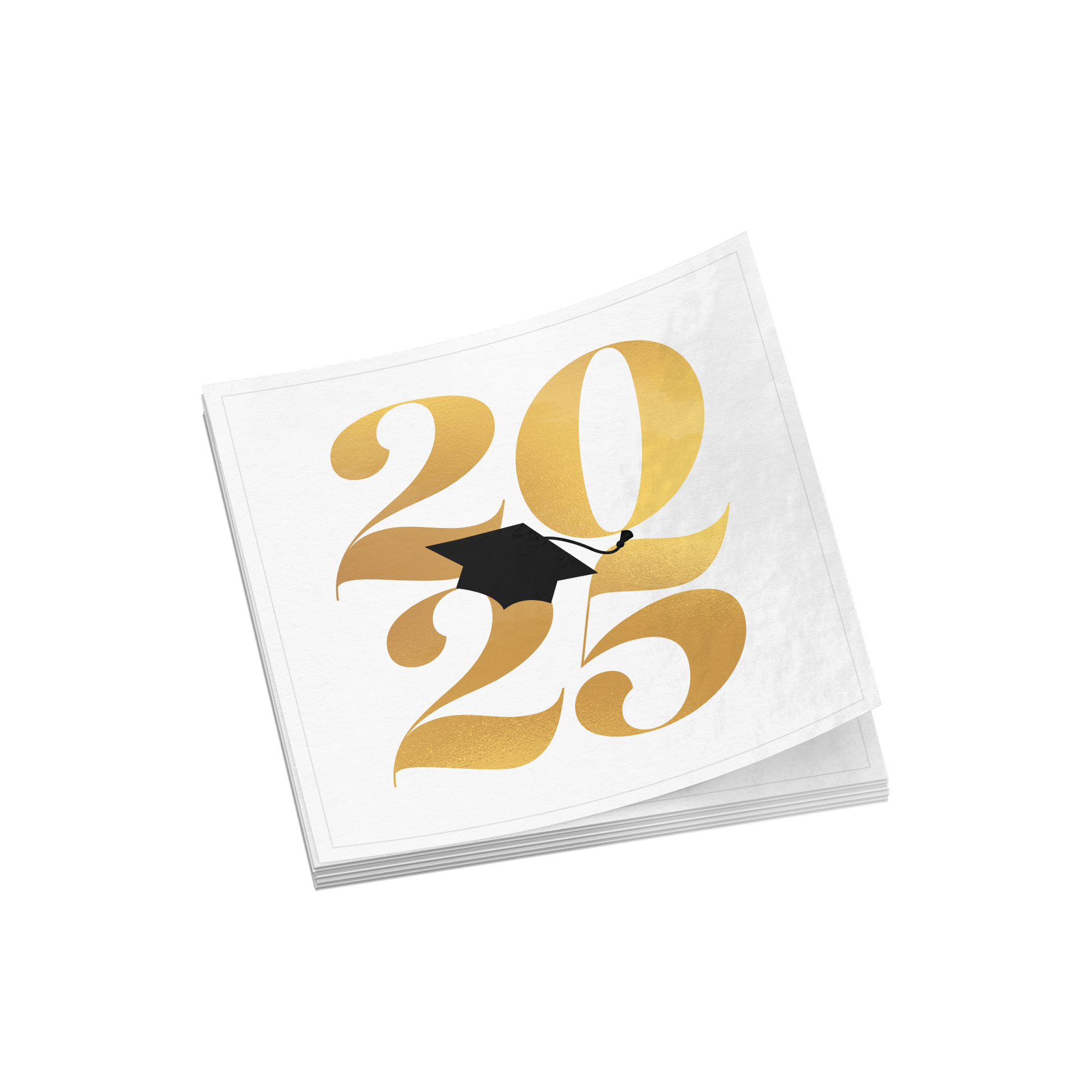 Stack of multiple white square stickers with 2025 in gold and a black graduation cap placed in the middle.