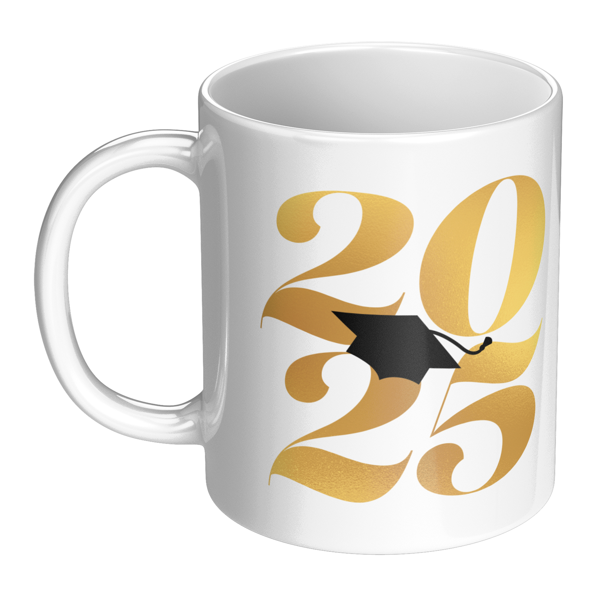 11oz white mug 2025 in gold text and a black graduation cap in the middle.