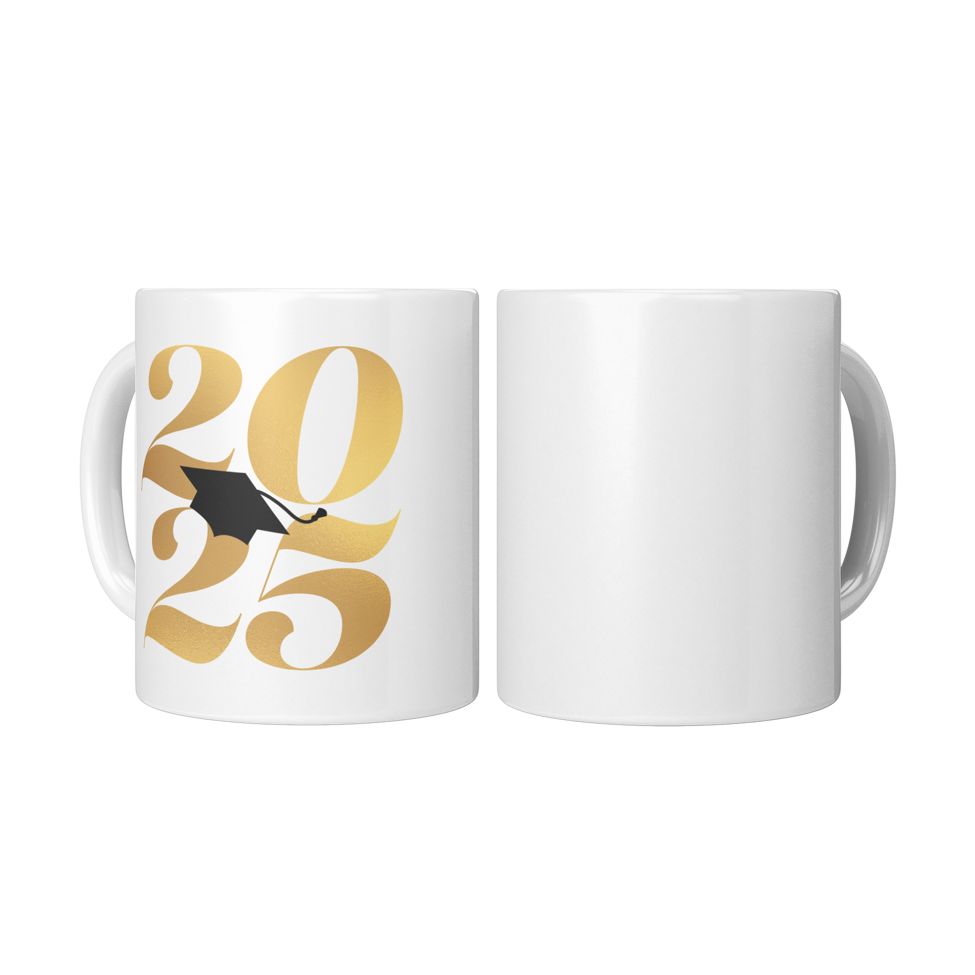 A 11oz plain white mug next to a white mug with 2025 in gold text and a black graduation cap in the middle.