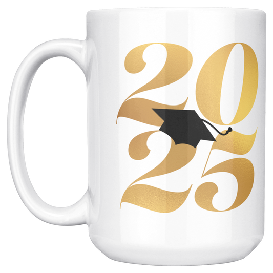 15oz white mug 2025 in gold text and a black graduation cap in the middle.