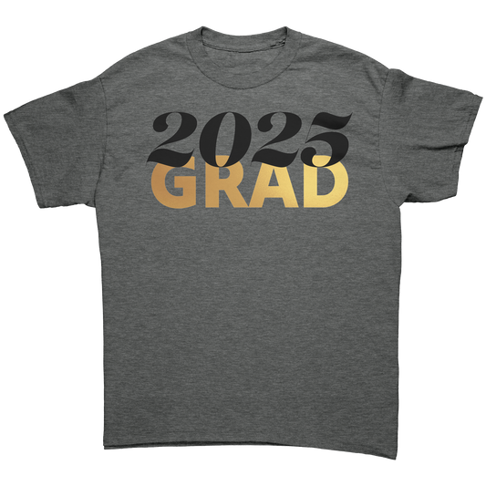 Gray t-shirt with the graphic of 2025 written in black text and “Grad” written in bold gold capital letters across the top of the shirt.  