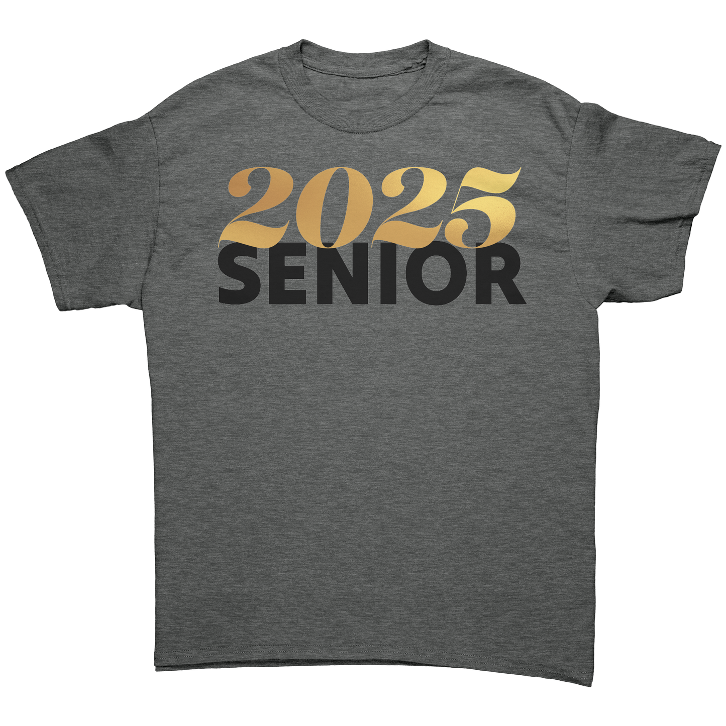 Gray t-shirt with the graphic of 2025 written in gold text and senior written in bold black capital letters across the top of the shirt.  