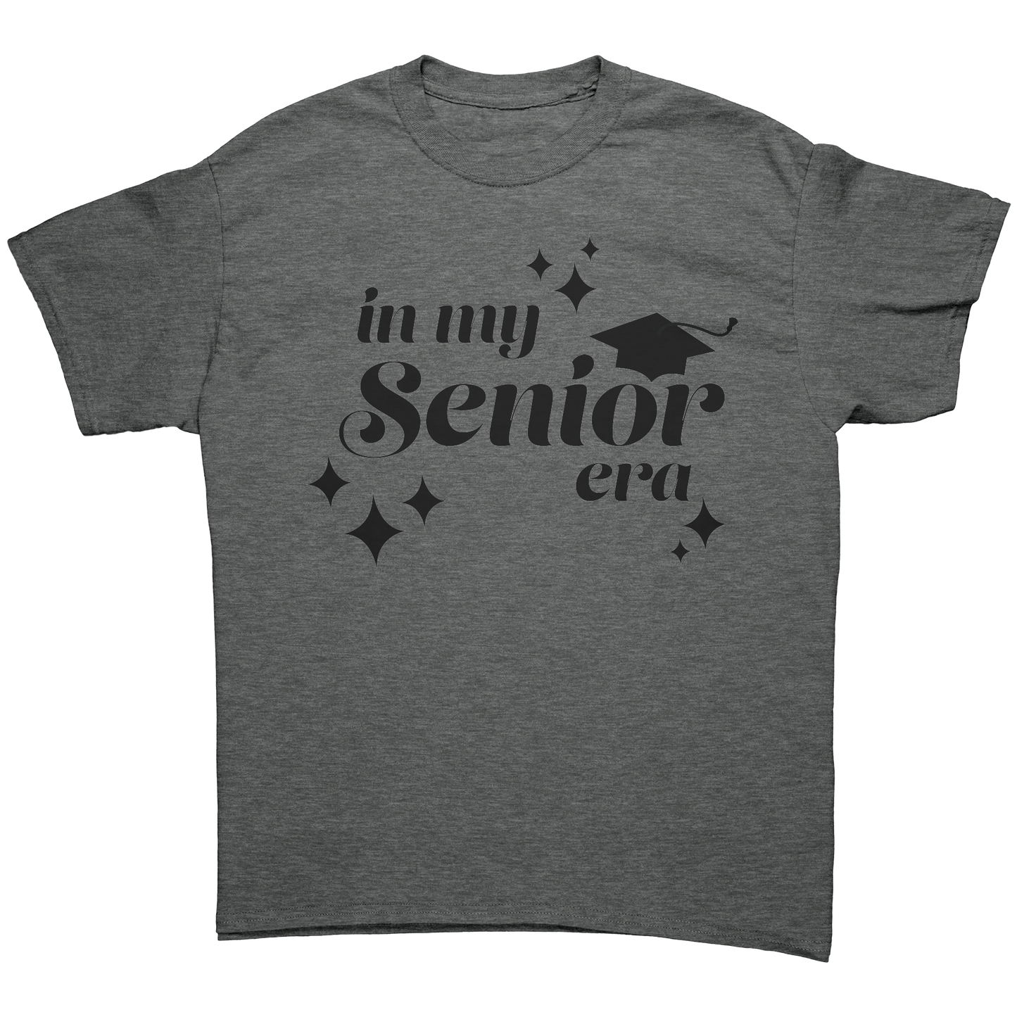 Dark gray t-shirt with the phrase “In My Senior Era” printed on the front in black ink, along with a black graduation cap and stars. 