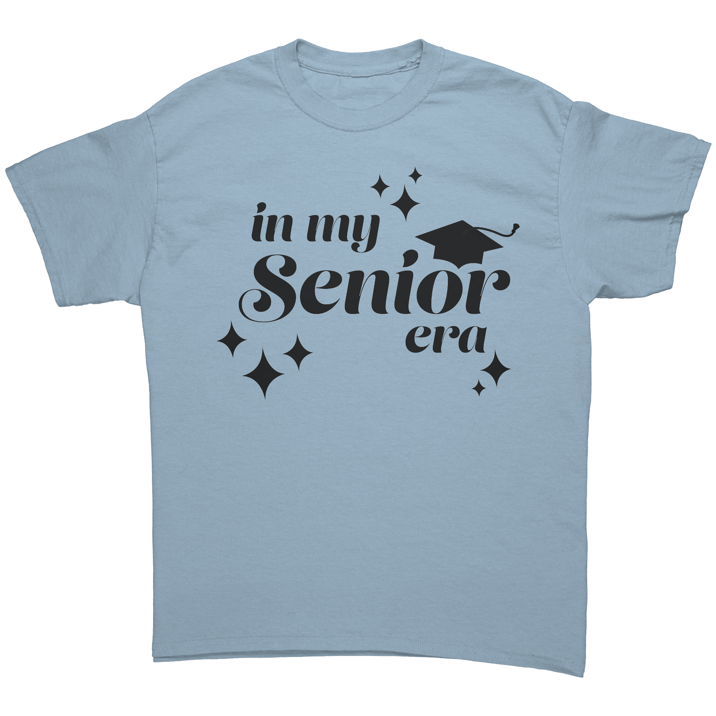 Light blue t-shirt with the phrase “In My Senior Era” printed on the front in black ink, along with a black graduation cap and stars. 