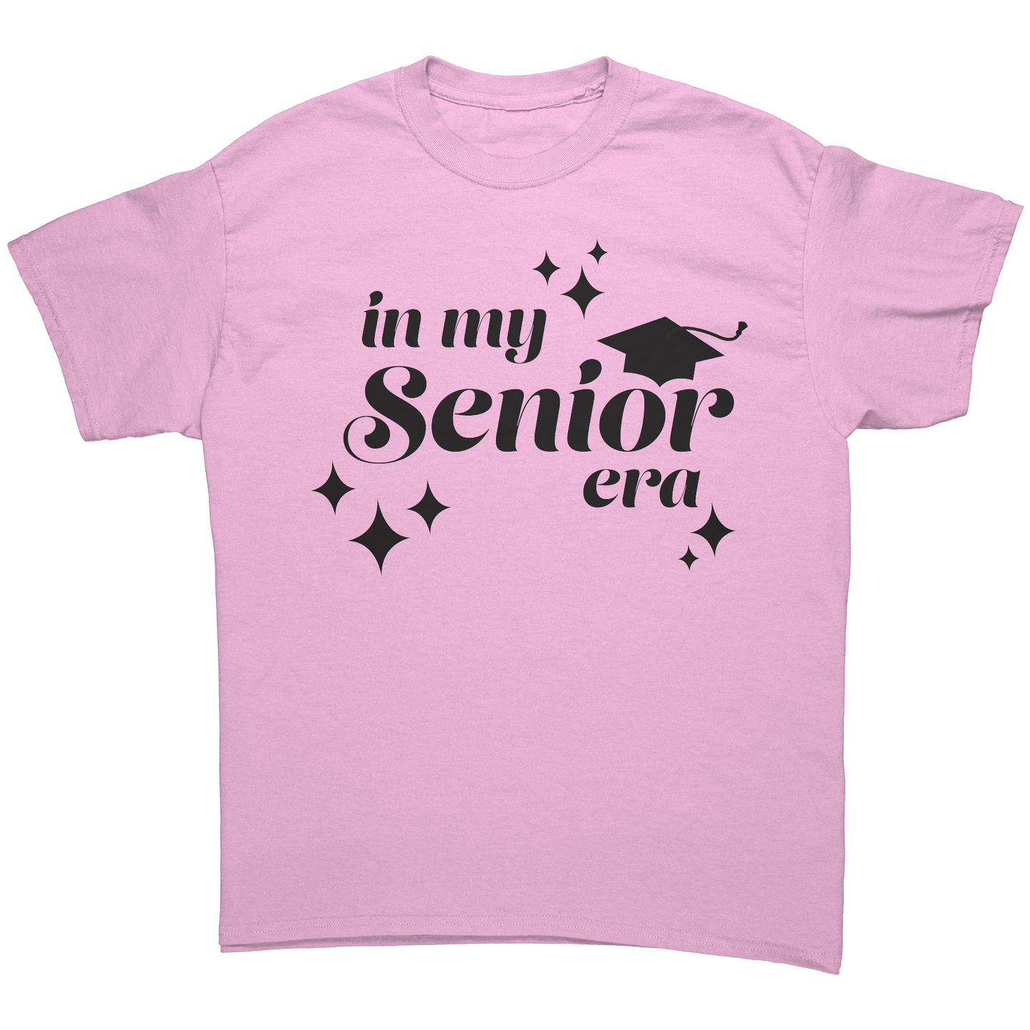 Light pink t-shirt with the phrase “In My Senior Era” printed on the front in black ink, along with a black graduation cap and stars. 