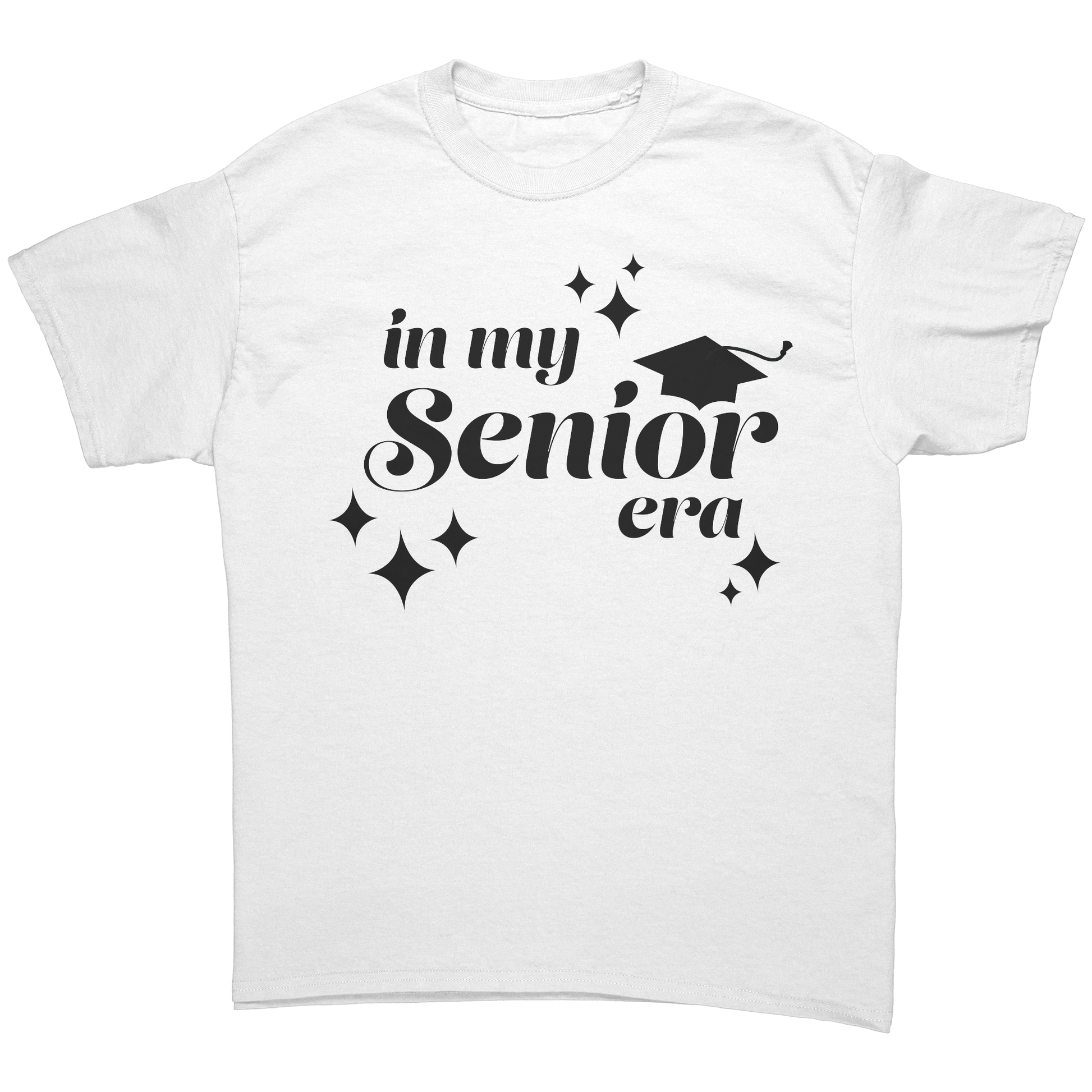 White t-shirt with the phrase “In My Senior Era” printed on the front in black ink, along with a black graduation cap and stars. 