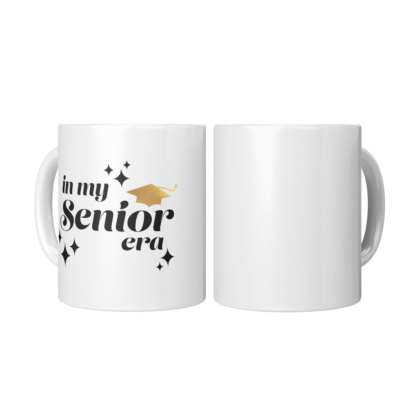 A plain white mug next to a white mug with the phrase “In My Senior Era” in black ink and a gold graduation cap.