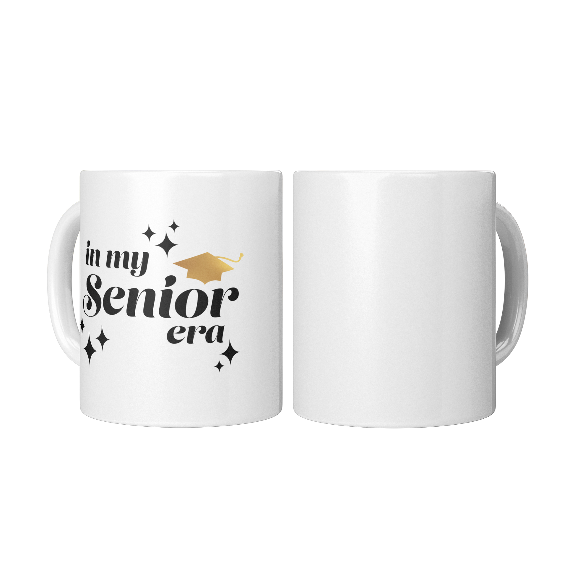 A plain white mug next to a white mug with the phrase “In My Senior Era” in black ink and a gold graduation cap.