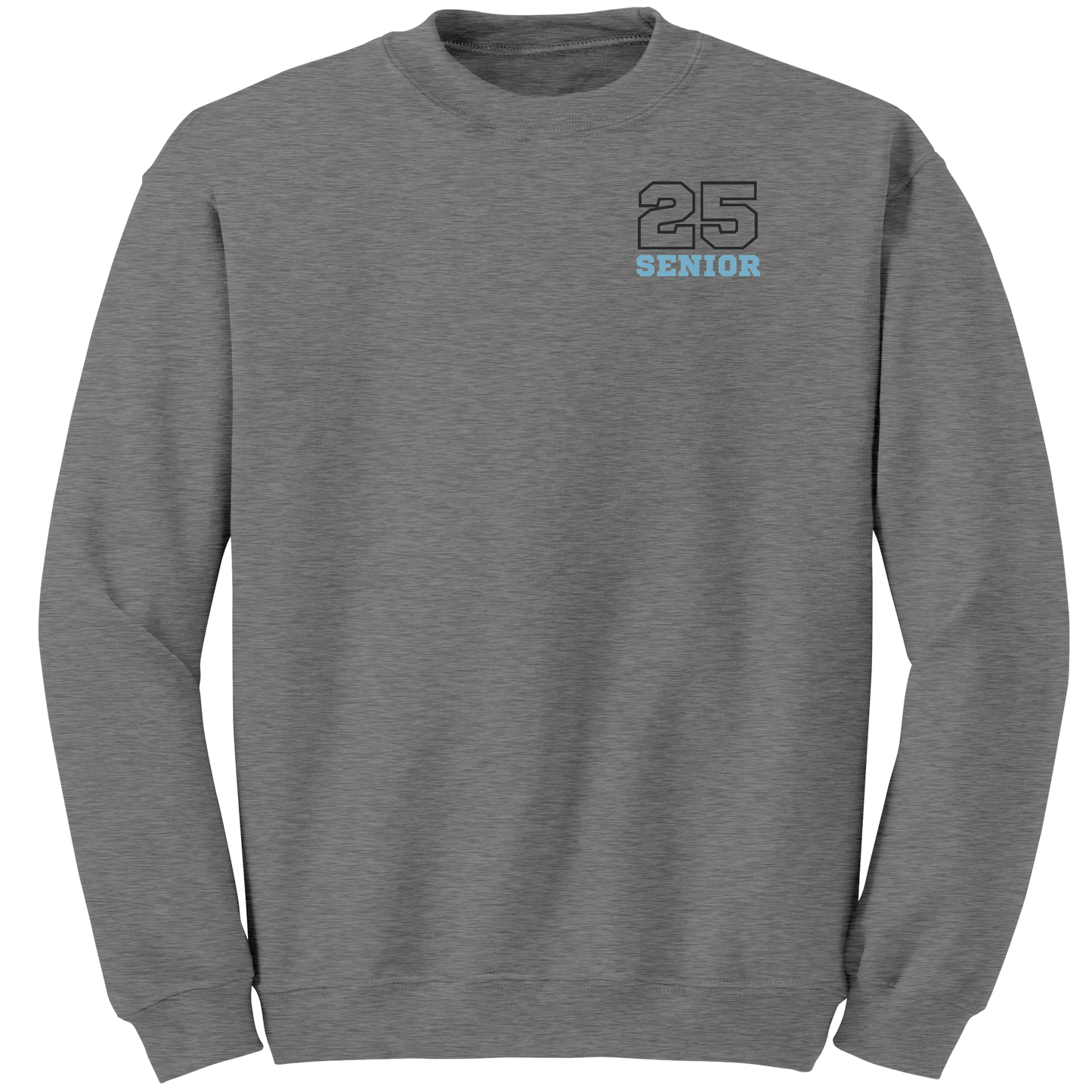 Front of a Gray Graduation Crewneck Sweatshirt with a graphic on the left chest. The number 25 is outlined in a black varsity font, and the word “Senior” underneath in light blue capital letters. 