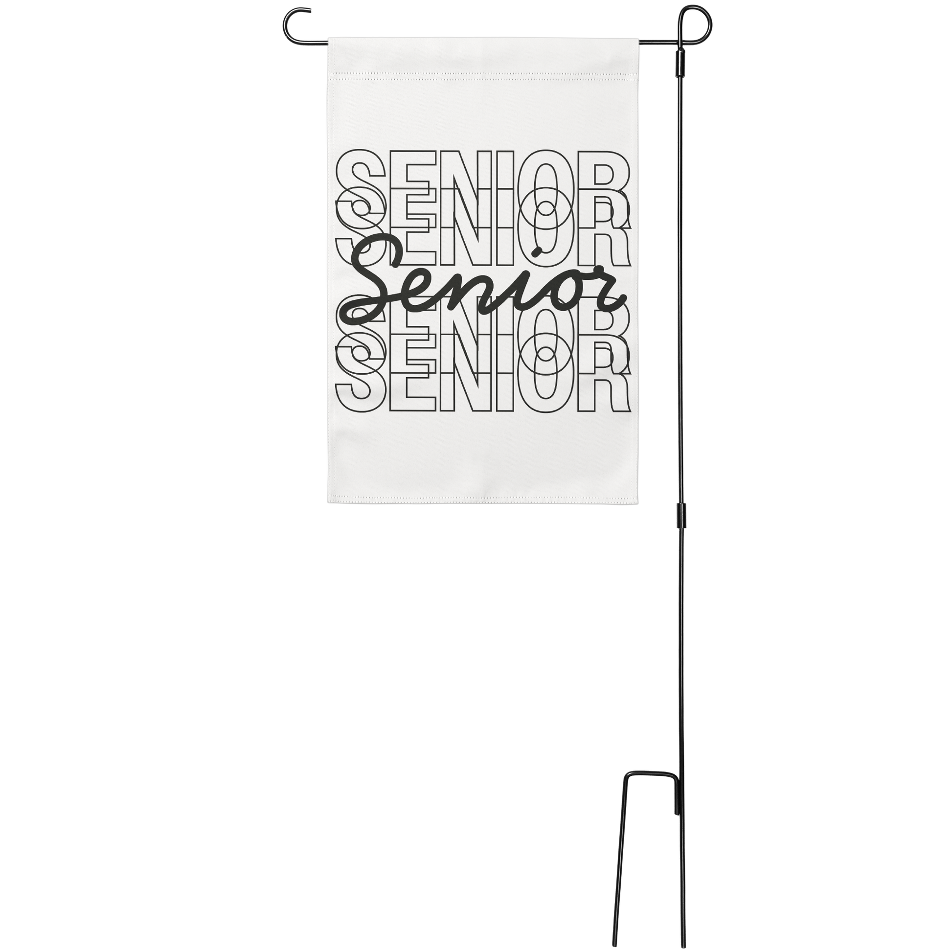 White garden flag with Senior repeated 5 times in black, stacked on top of each other, with the middle one in script text. Sign hung from a wire stand. 