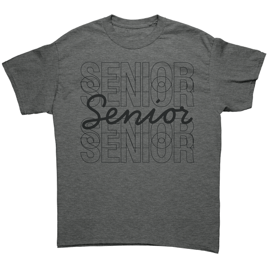 Dark gray t-shirt with “Senior” stacked on top of each other four times in a black outlined font with a fifth “Senior” written in a black script font in the middle.