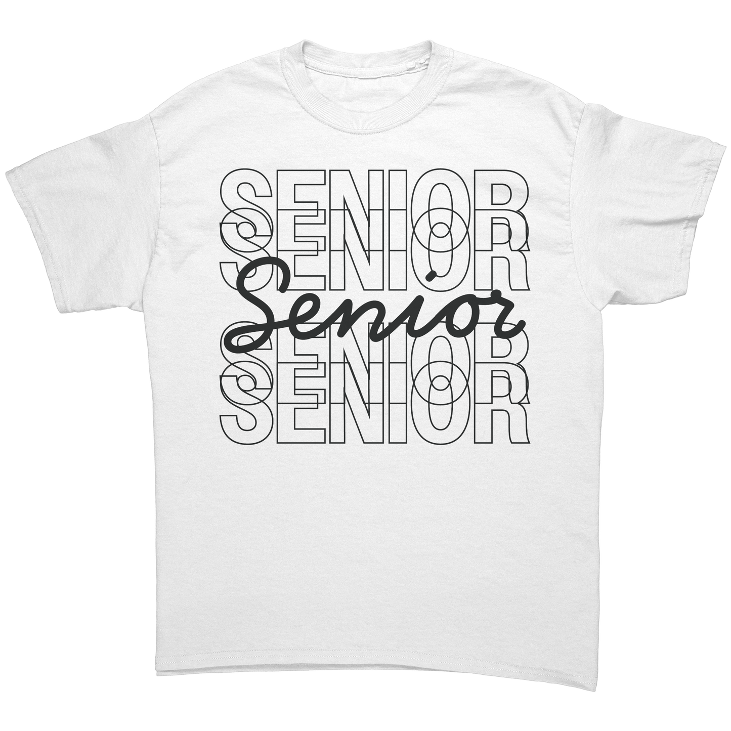 White t-shirt with “Senior” stacked on top of each other four times in a black outlined font with a fifth “Senior” written in a black script font in the middle.