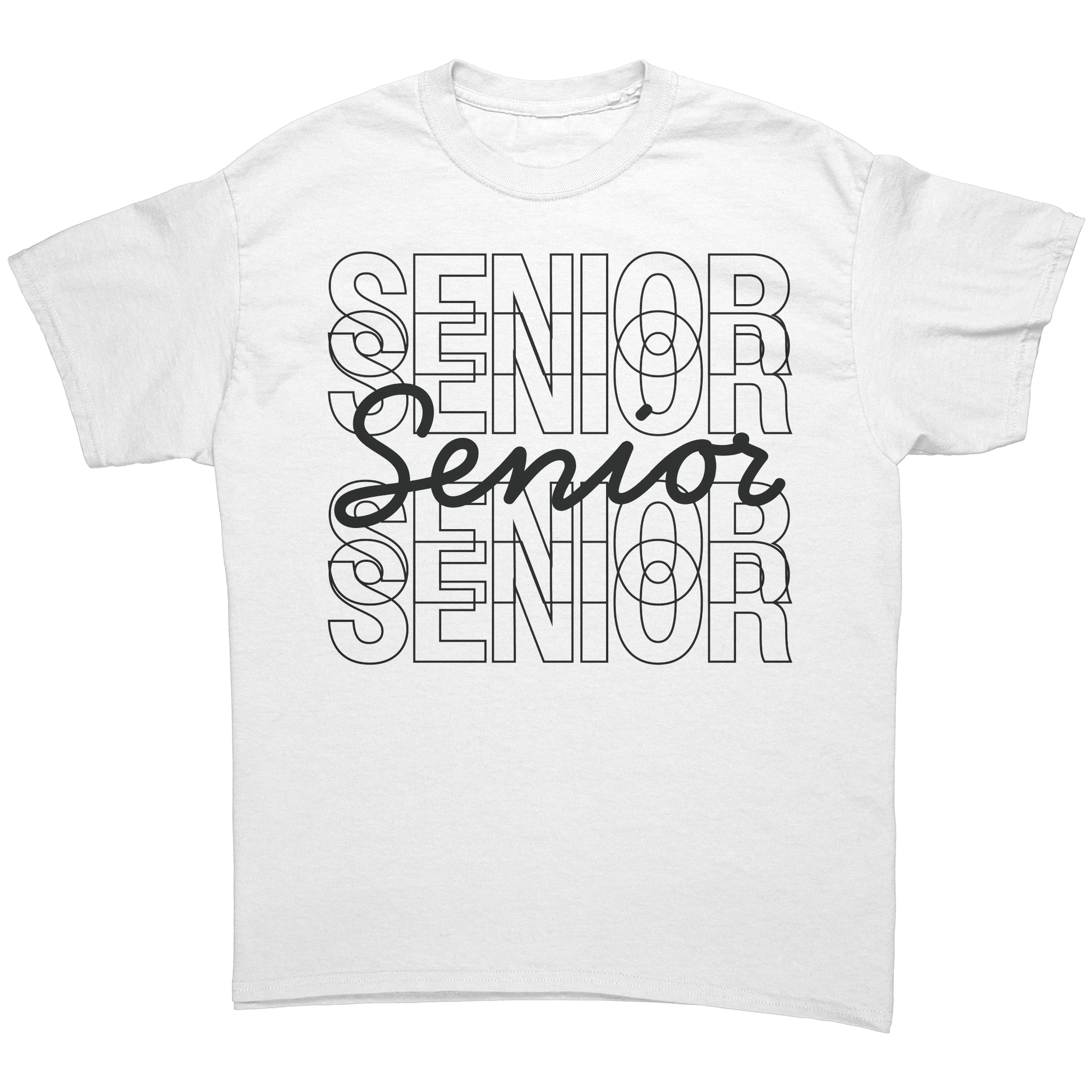 White t-shirt with “Senior” stacked on top of each other four times in a black outlined font with a fifth “Senior” written in a black script font in the middle.