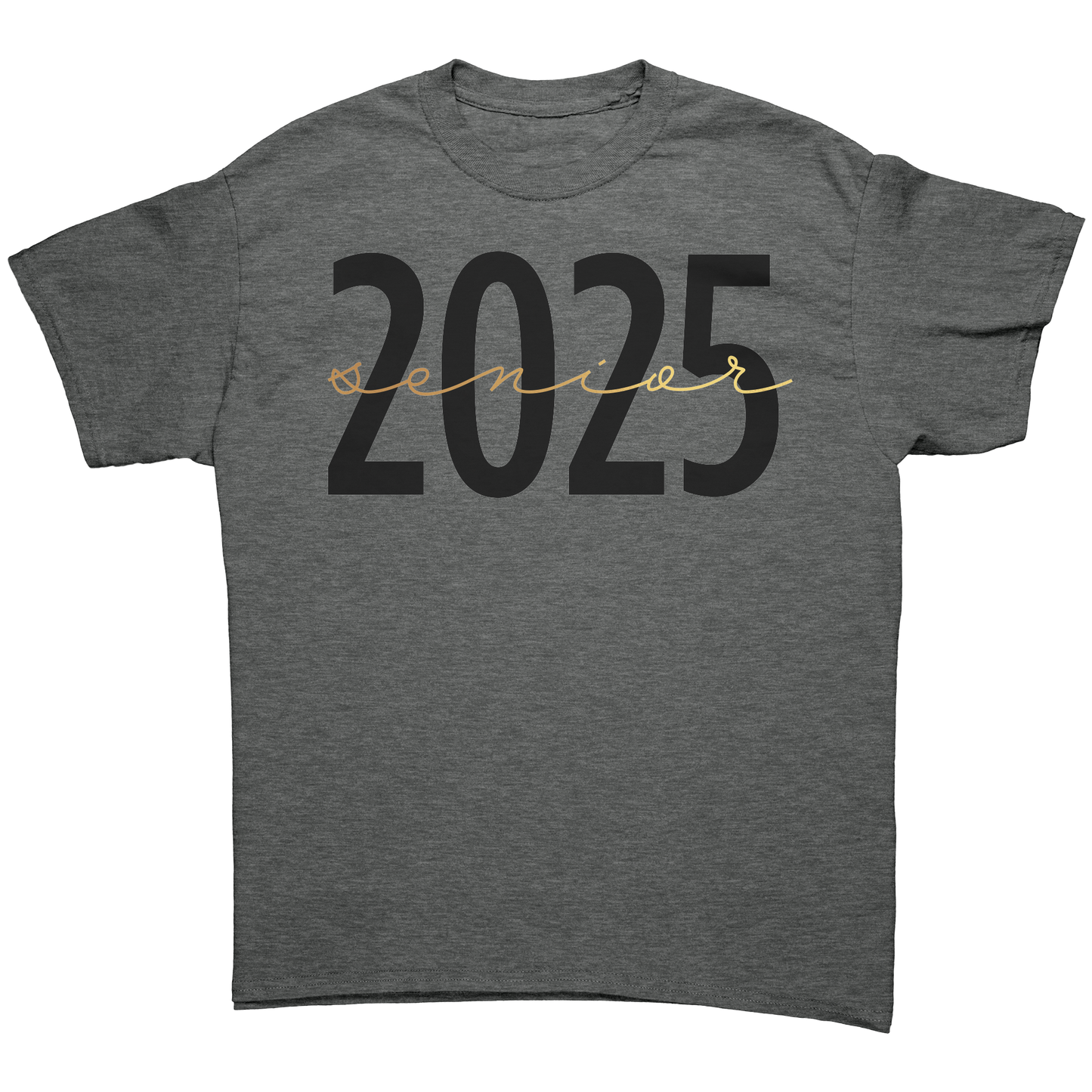 Dark gray Graduation t-shirt with 2025 in bold black font and "Senior" written in a gold script across the middle.