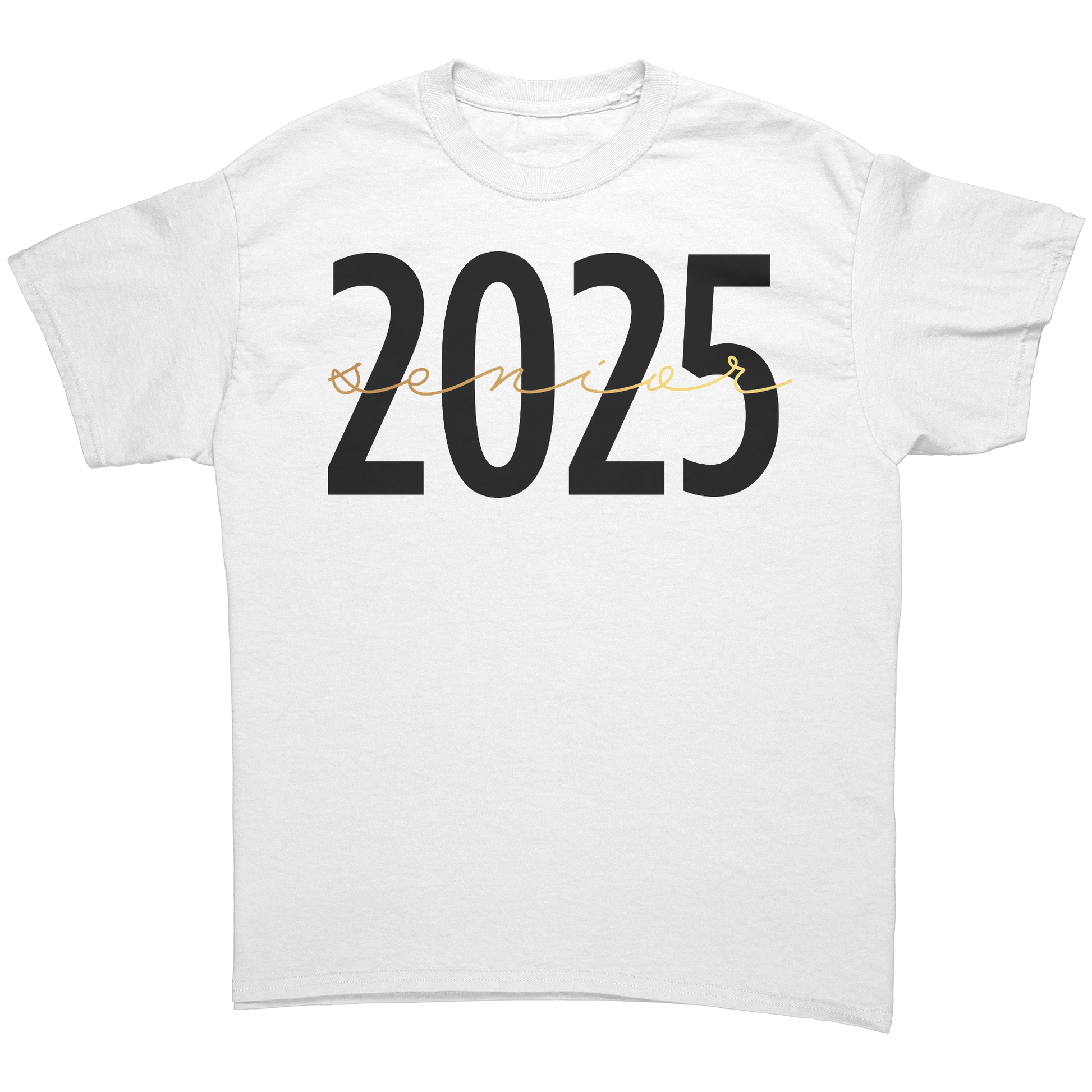 White Graduation t-shirt with 2025 in bold black font and "Senior" written in a gold script across the middle.