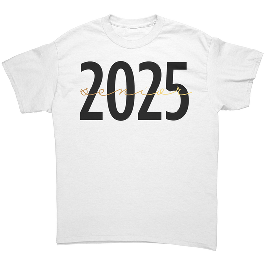 White Graduation t-shirt with 2025 in bold black font and "Senior" written in a gold script across the middle.