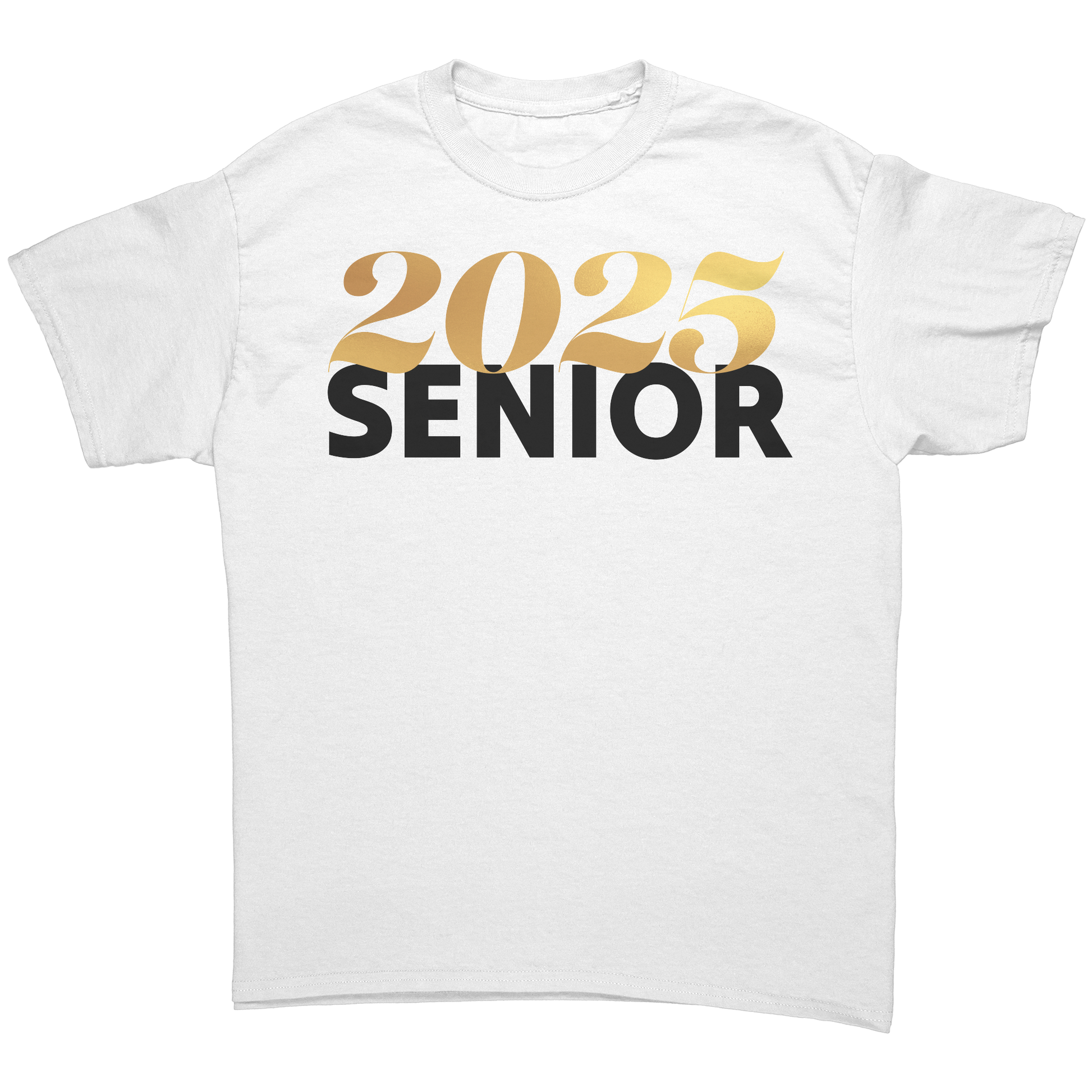White t-shirt with the graphic of 2025 written in gold text and senior written in bold black capital letters across the top of the shirt.  