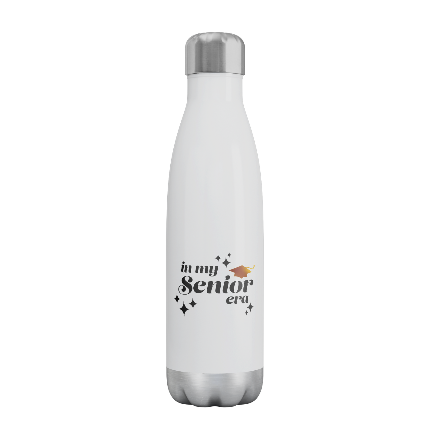 A white, 20oz water bottle with a silver lid and base. Text in the bottom center of the bottle says "In my Senior Era" in black with a gold graduation cap.