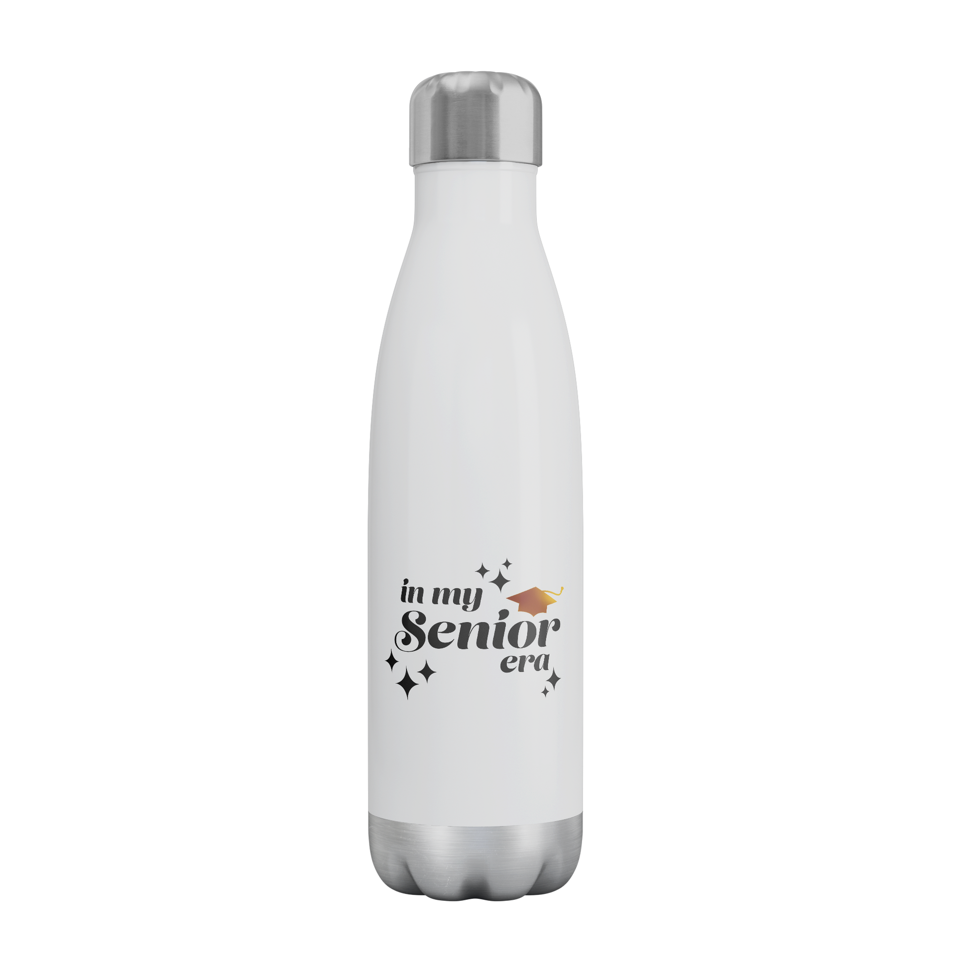 A white, 20oz water bottle with a silver lid and base. Text in the bottom center of the bottle says "In my Senior Era" in black with a gold graduation cap.